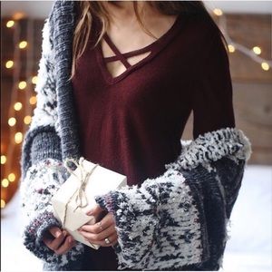 Free People Criss Cross Sweater Tunic Hi-Lo (Wine)